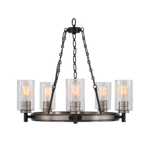 5 Light wagon wheel Worthington chandelier lit.