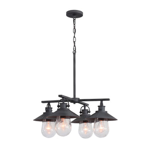 4 light Hardin hooded chandelier lit.