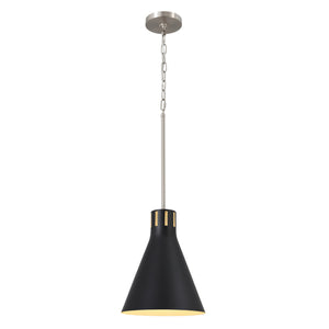 Conic black cone pendant light lit.